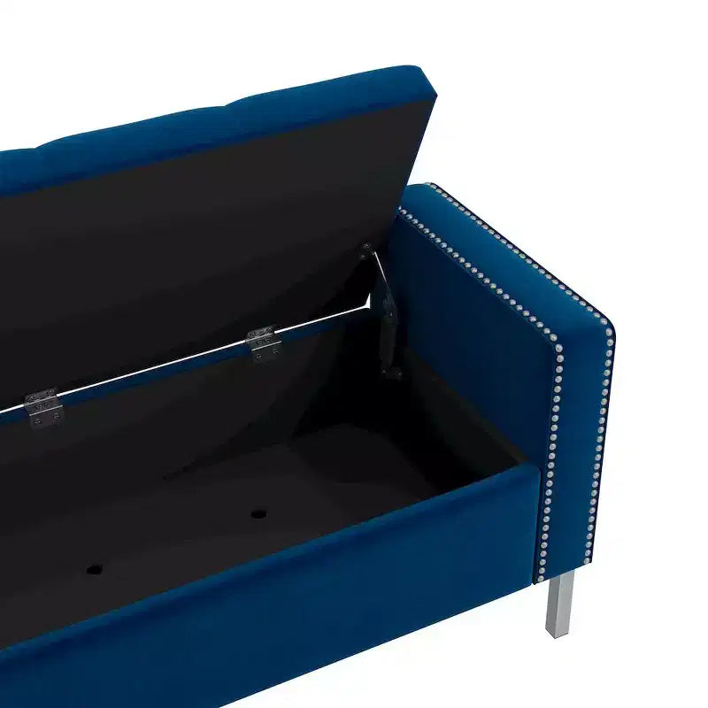 Pouf contenitore trapuntato con bracciolo squadrato e finiture borchiate