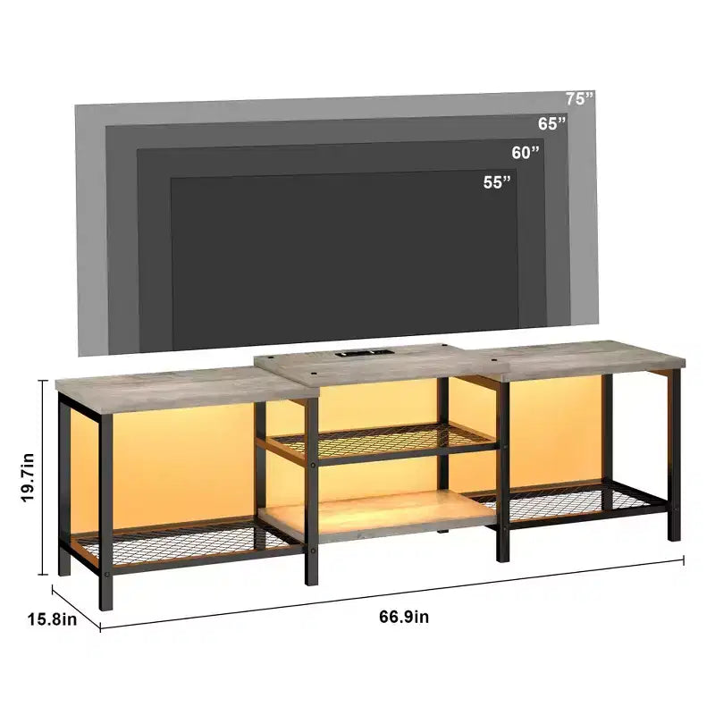 Mobile TV da 66,9" per TV fino a 75", ripiani a 3 livelli aperti con prese elettriche e porte USB
