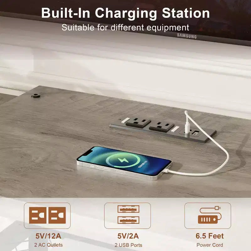 Mobile TV da 66,9" per TV fino a 75", ripiani a 3 livelli aperti con prese elettriche e porte USB