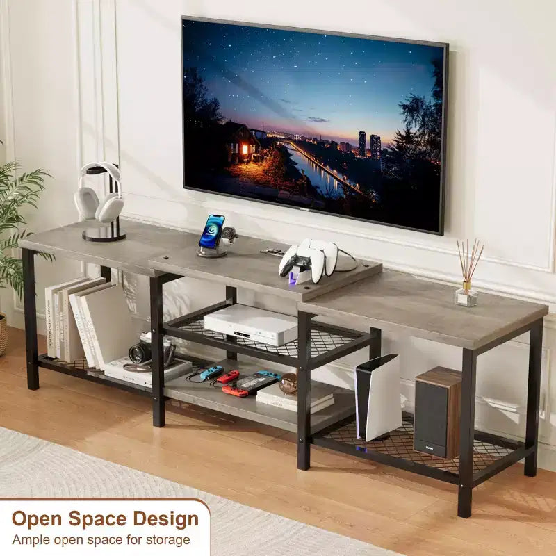 Mobile TV da 66,9" per TV fino a 75", ripiani a 3 livelli aperti con prese elettriche e porte USB