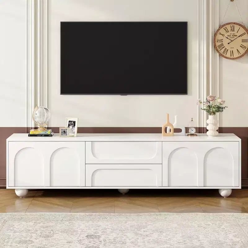Mobile TV Minimalista per Televisori fino a 75", Consolle Media con Ante Ad Arco e 2 Cassetti