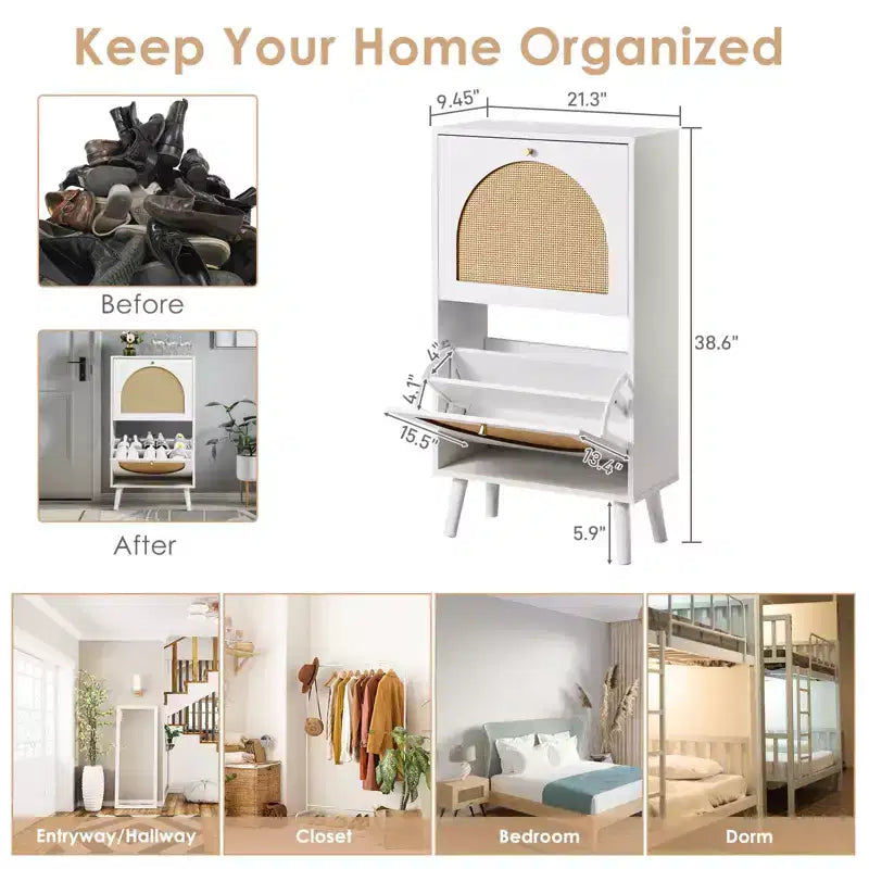 Karl Home 2 Flip Drawers White Particle Board 21.26in. W Shoe Cabinets