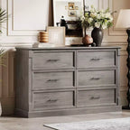 GustoWave 6 Drawer Dresser for Bedroom, Farmhouse 47.2 Wide Chest of Drawers, Rustic Double Wood Dresser, Storage Dressers Organizer for Living Room