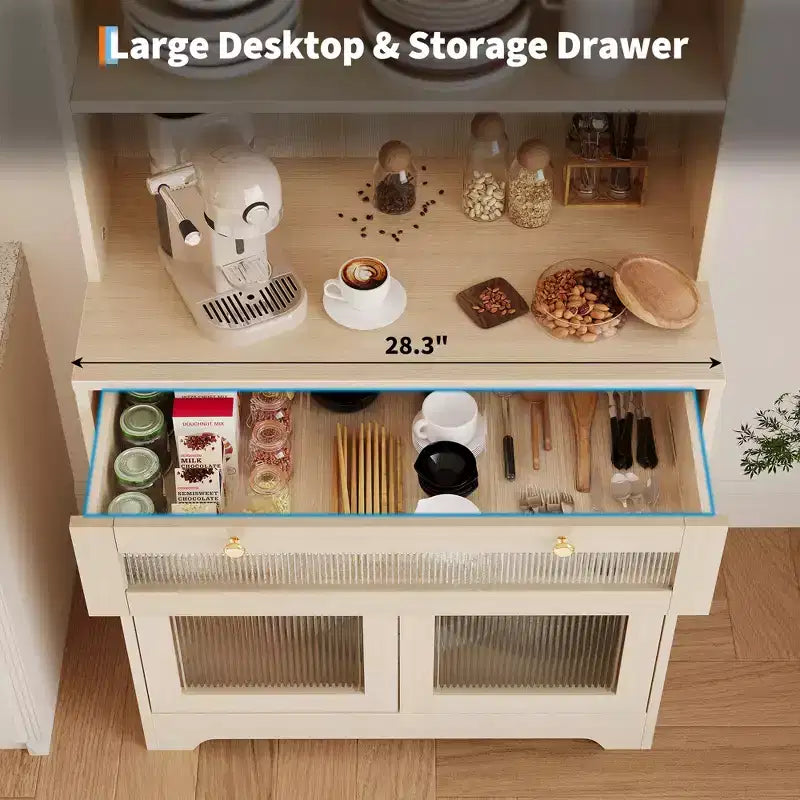Dispensa da Cucina Autoportante con Ante in Vetro, Cassetto e Ripiani Regolabili