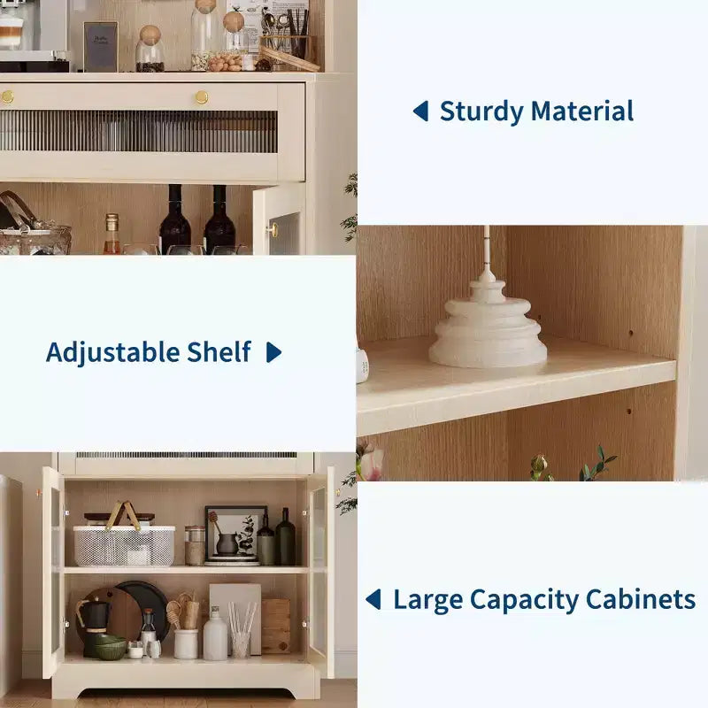 Dispensa da Cucina Autoportante con Ante in Vetro, Cassetto e Ripiani Regolabili