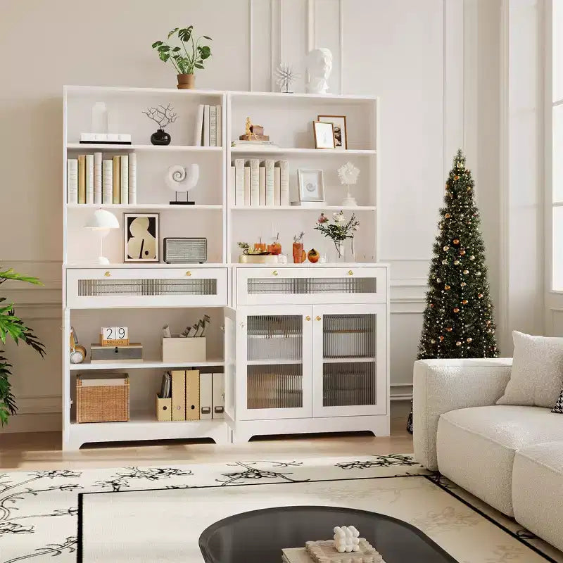 Dispensa da Cucina Autoportante con Ante in Vetro, Cassetto e Ripiani Regolabili