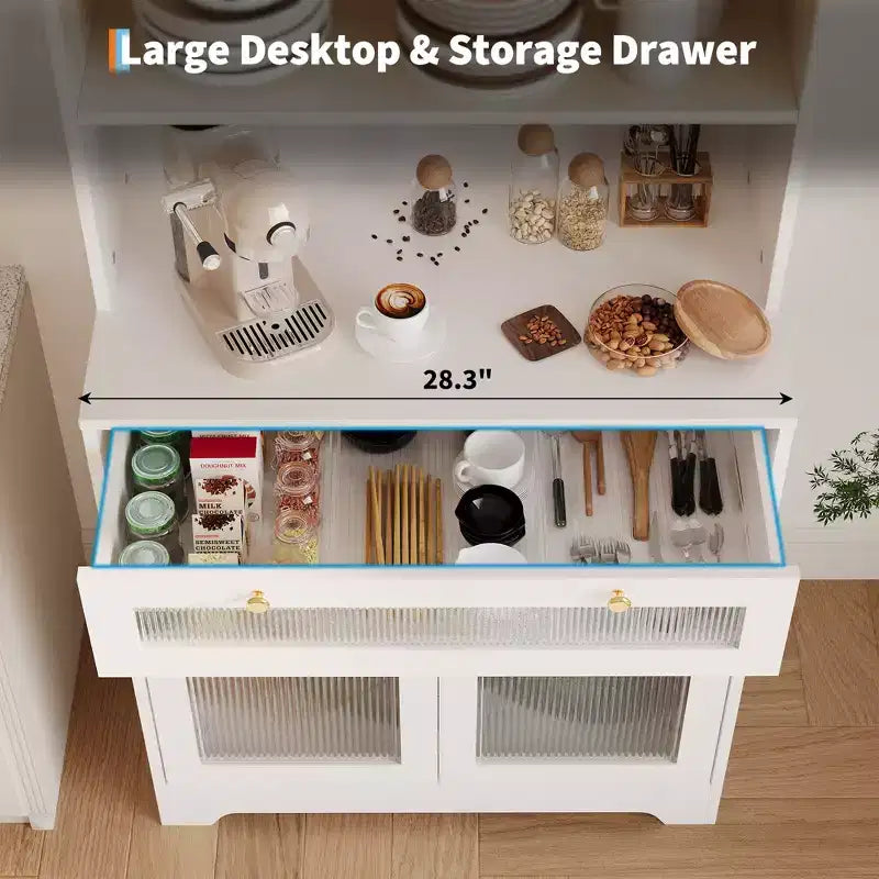 Dispensa da Cucina Autoportante con Ante in Vetro, Cassetto e Ripiani Regolabili