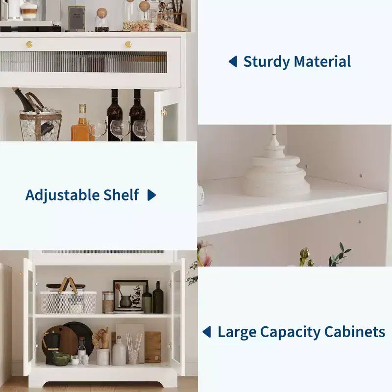 Dispensa da Cucina Autoportante con Ante in Vetro, Cassetto e Ripiani Regolabili