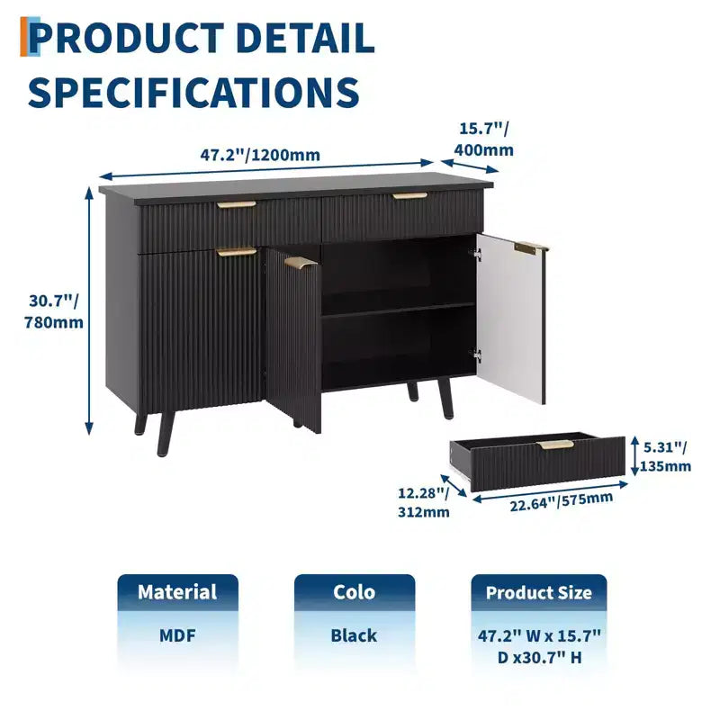 Credenza a Buffet da 47 Pollici con Ante Scanalate, Cassetti e Ripiani Regolabili – Nera