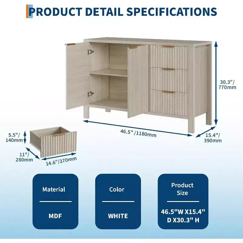 Credenza a 2 ante e 3 cassetti da 46,5" con scanalature