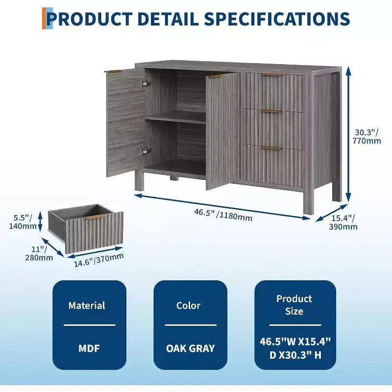 Credenza a 2 ante e 3 cassetti da 46,5" con scanalature