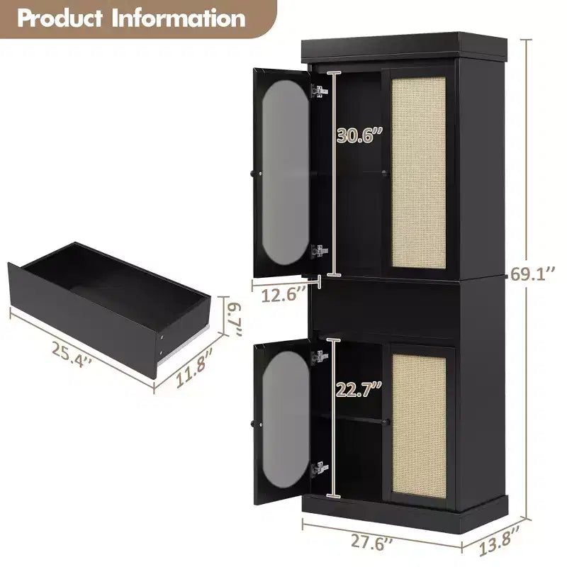 Mobile Contenitore Alto con Ante in Rattan, Ripiani Regolabili e Cassetto – Nero