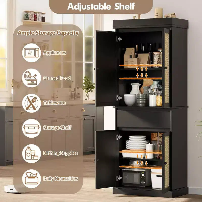 Mobile Contenitore Alto con Ante in Rattan, Ripiani Regolabili e Cassetto – Nero