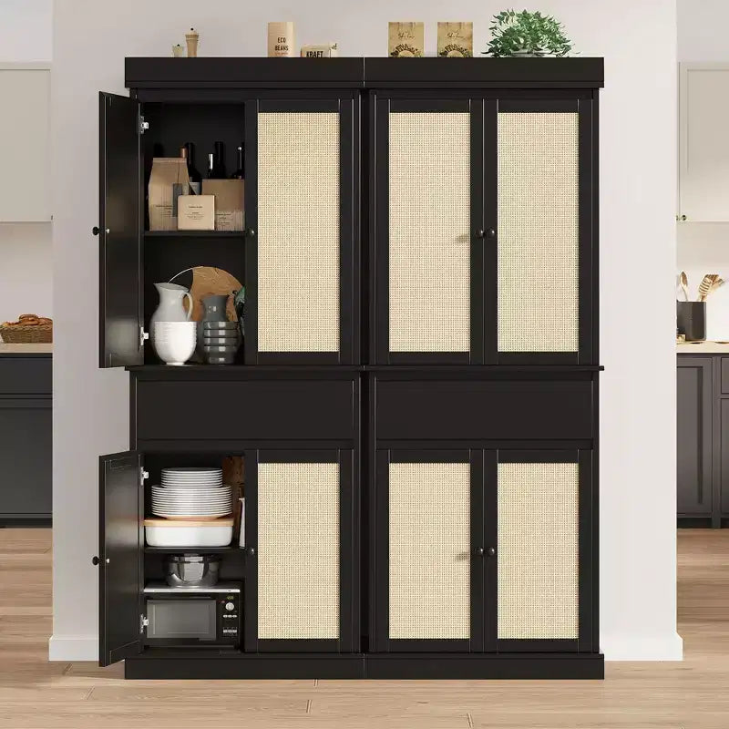 Mobile Contenitore Alto con Ante in Rattan, Ripiani Regolabili e Cassetto – Nero