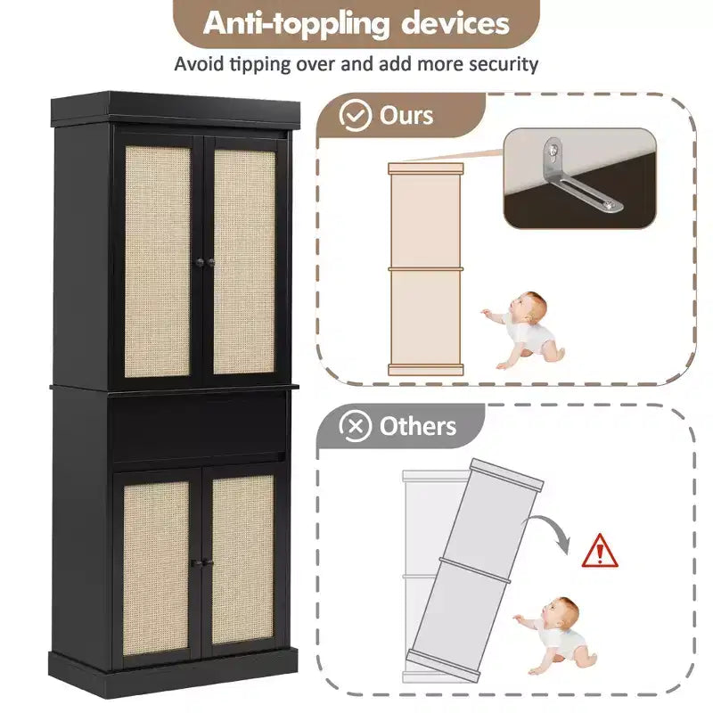 Mobile Contenitore Alto con Ante in Rattan, Ripiani Regolabili e Cassetto – Nero