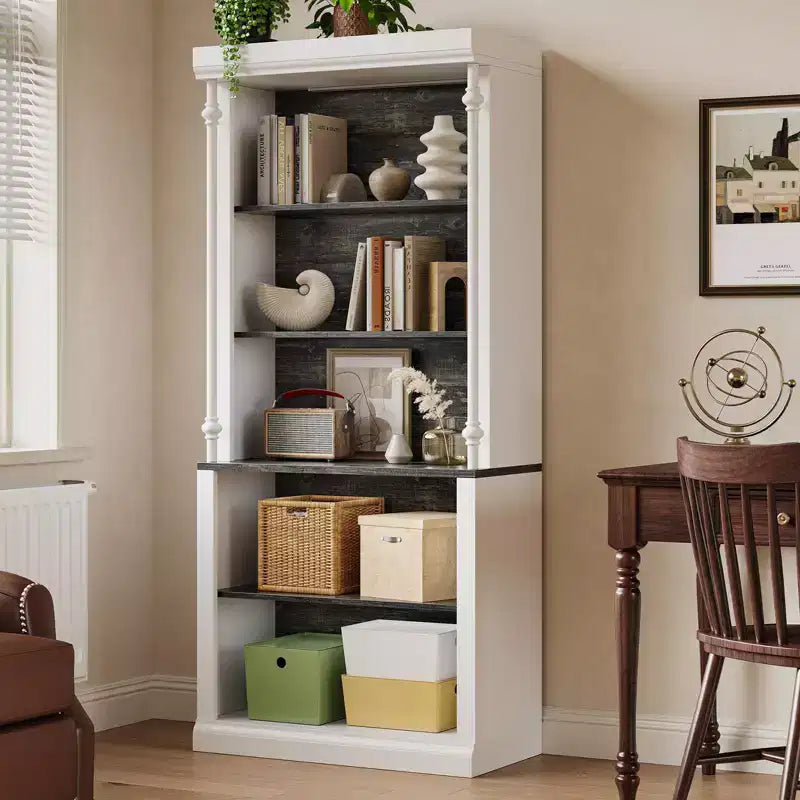 71 Tall Bookshelf, 5-Tier White Open Bookcase with Adjustable Shelves, Roman Column Style Floor Standing Wooden Storage Organizer