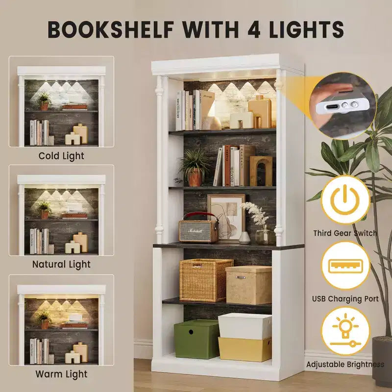 Libreria a 5 ripiani da 71" con illuminazione a LED e ripiani regolabili