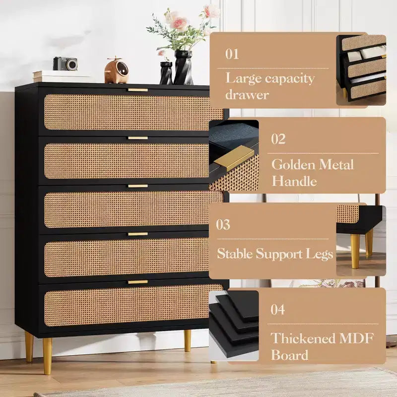 Cassettiera in rattan a 5 cassetti