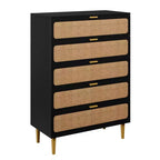 Rattan 5 Drawer Dresser for Bedroom, Chest of Drawers with Deep Drawers, Large Double Dresser for Closet with Wide Top, Tall Wooden Dresser