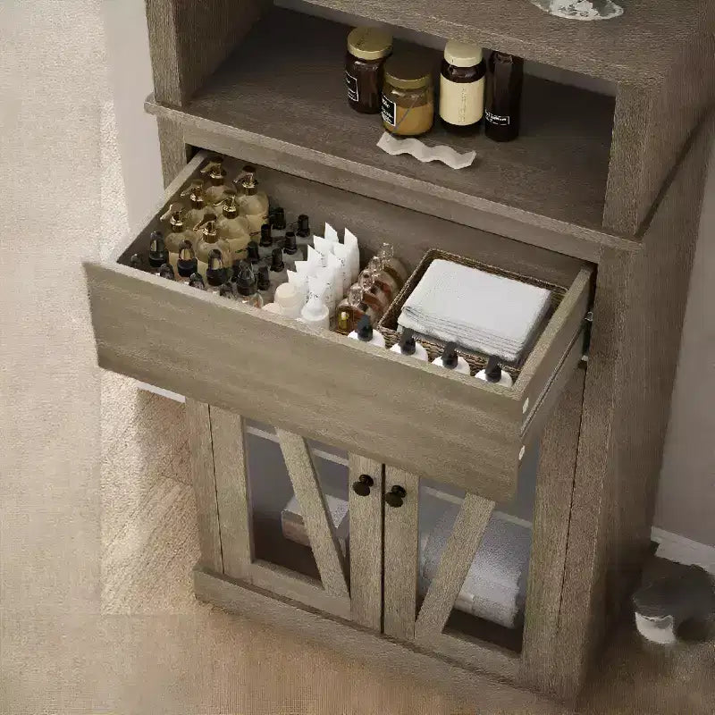 Pensile Alto con Ripiani Regolabili, Cassetto e Specchio – Grigio