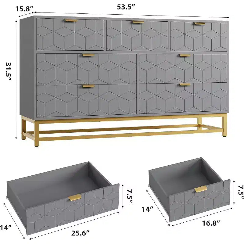 Cassettiera a 7 cassetti con dettagli dorati – Cassettone da 136 cm