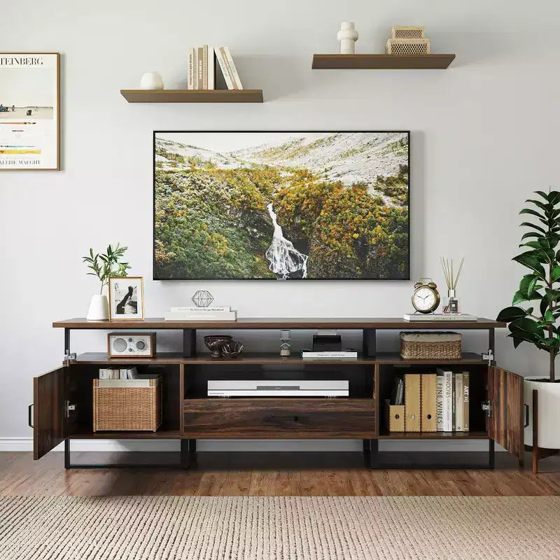 Mobile TV moderno di metà secolo per TV fino a 75 pollici con contenitore e cassetto, marrone rustico