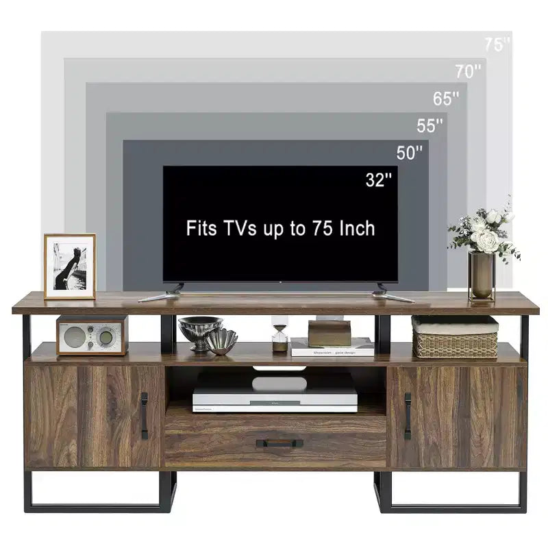 Mobile TV moderno di metà secolo per TV fino a 75 pollici con contenitore e cassetto, marrone rustico