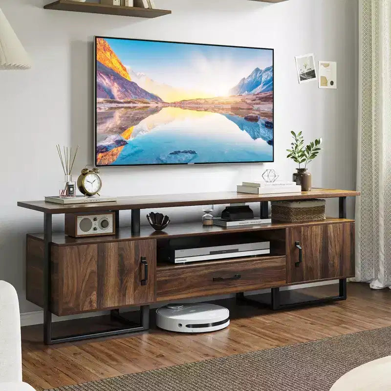 Mobile TV moderno di metà secolo per TV fino a 75 pollici con contenitore e cassetto, marrone rustico