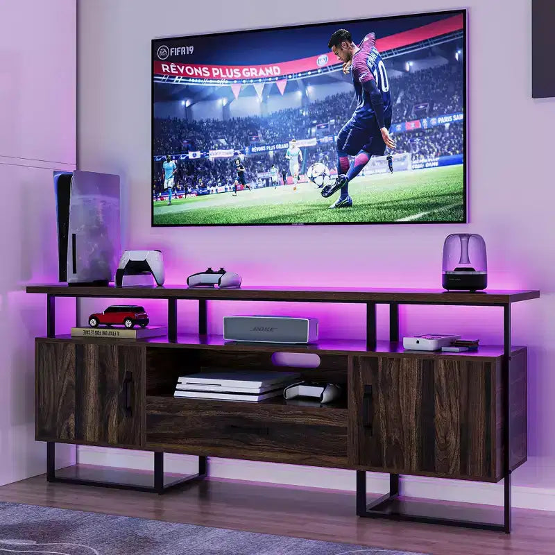 Mobile TV moderno di metà secolo per TV fino a 75 pollici con contenitore e cassetto, marrone rustico