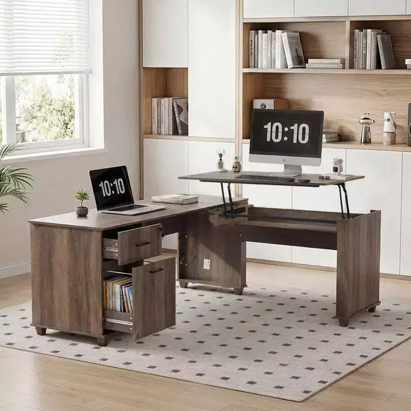 Scrivania ad angolo con piano sollevabile da 180 cm con cassetti, schedario e porte di ricarica