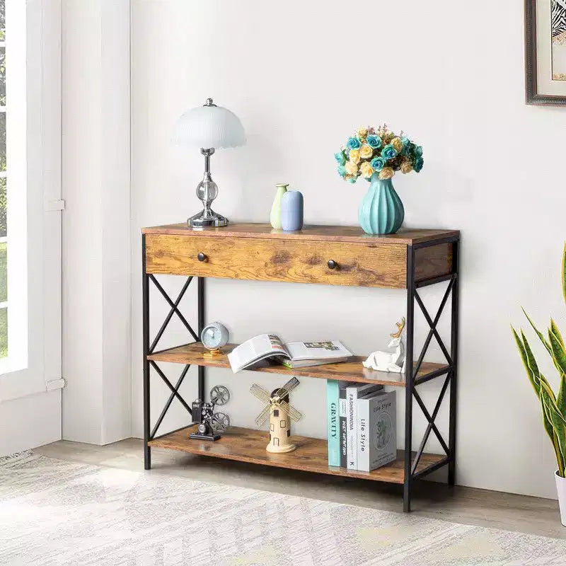 Consolle industriale con cassetto – Struttura in ferro da 99 cm e piano in legno