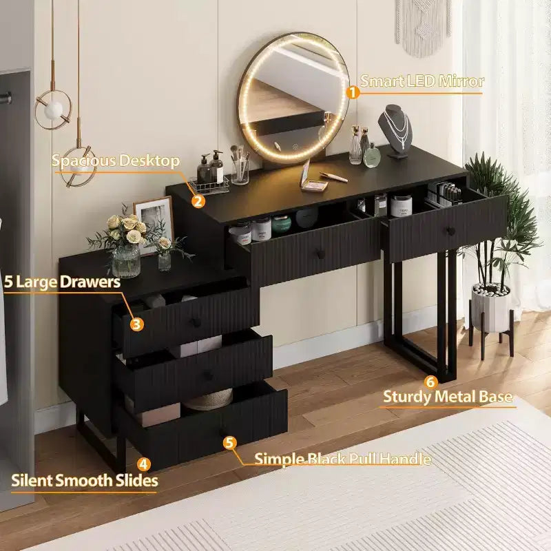 Scrivania Trucco Illuminata con Specchio e 5 Cassetti