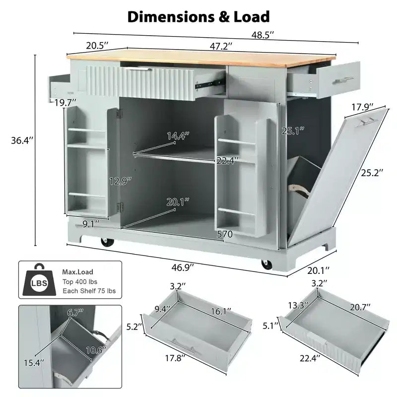 Isola da Cucina con Mobiletto Contenitore per la Spazzatura e Ruote