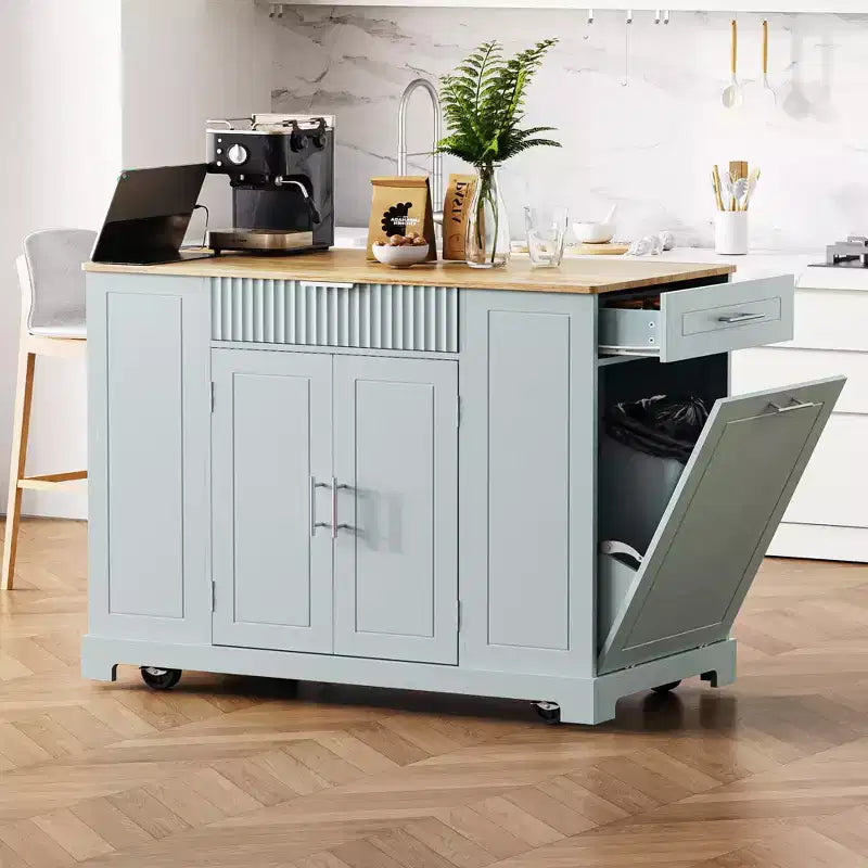 Isola da Cucina con Mobiletto Contenitore per la Spazzatura e Ruote