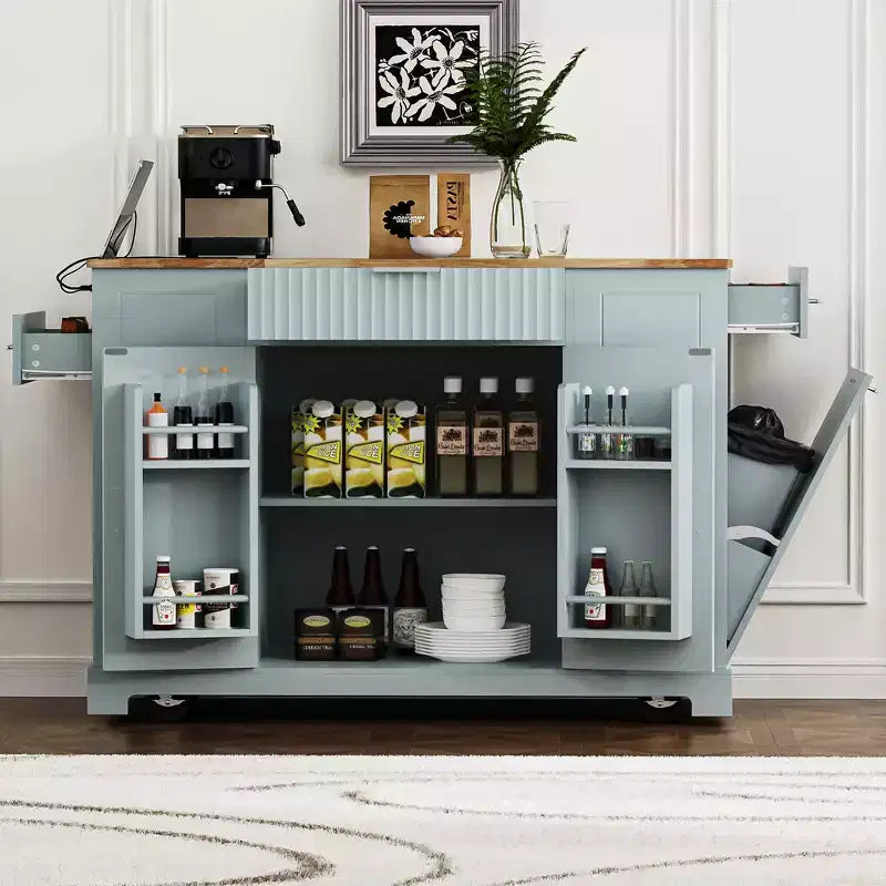 Isola da Cucina con Mobiletto Contenitore per la Spazzatura e Ruote
