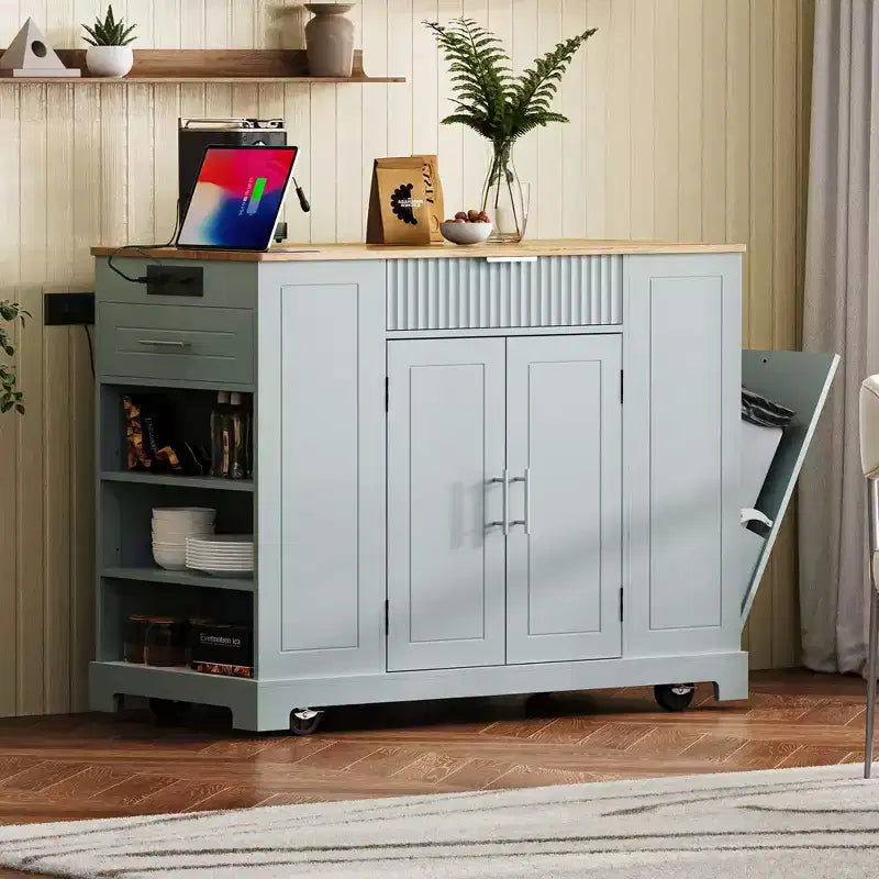 Isola da Cucina con Mobiletto Contenitore per la Spazzatura e Ruote