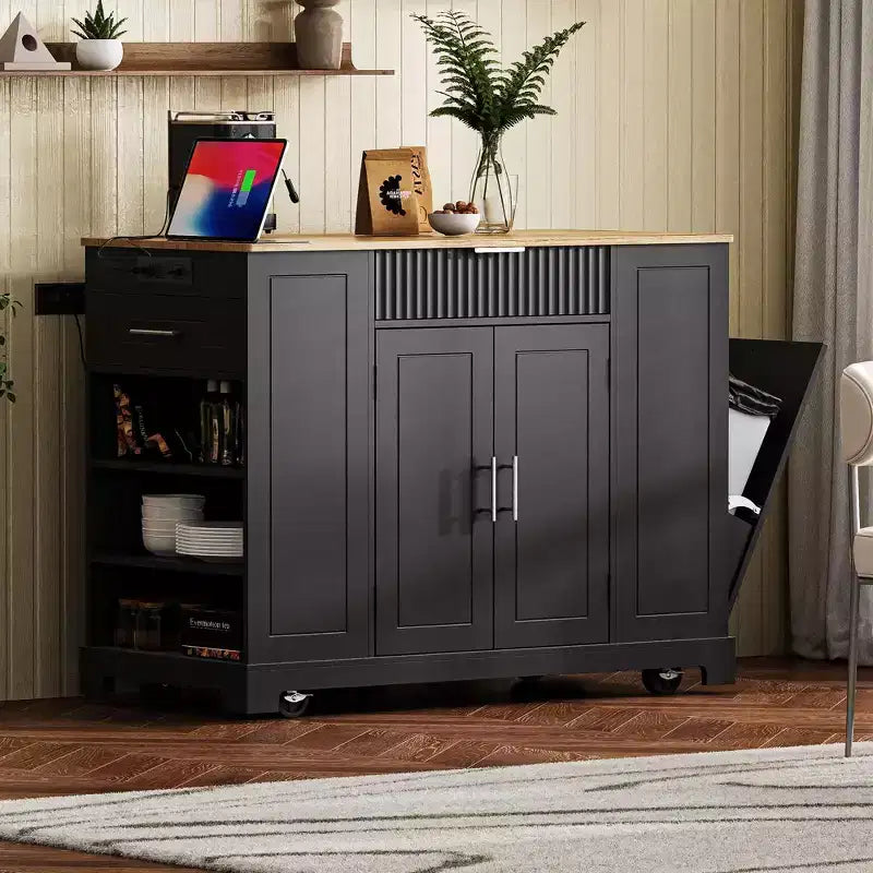 Isola da Cucina con Mobiletto Contenitore per la Spazzatura e Ruote