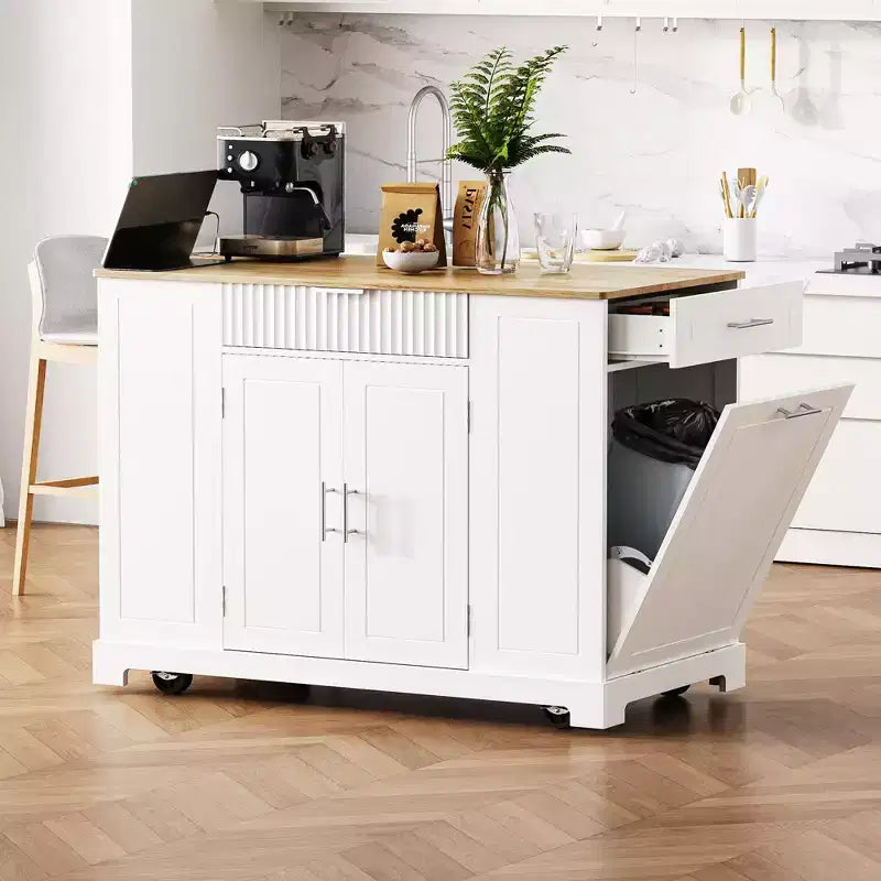 Isola da Cucina con Mobiletto Contenitore per la Spazzatura e Ruote