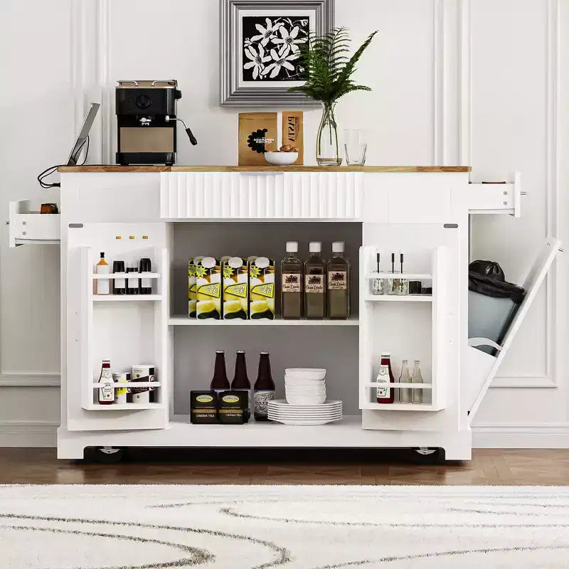 Isola da Cucina con Mobiletto Contenitore per la Spazzatura e Ruote