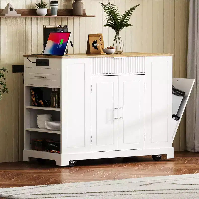 Isola da Cucina con Mobiletto Contenitore per la Spazzatura e Ruote