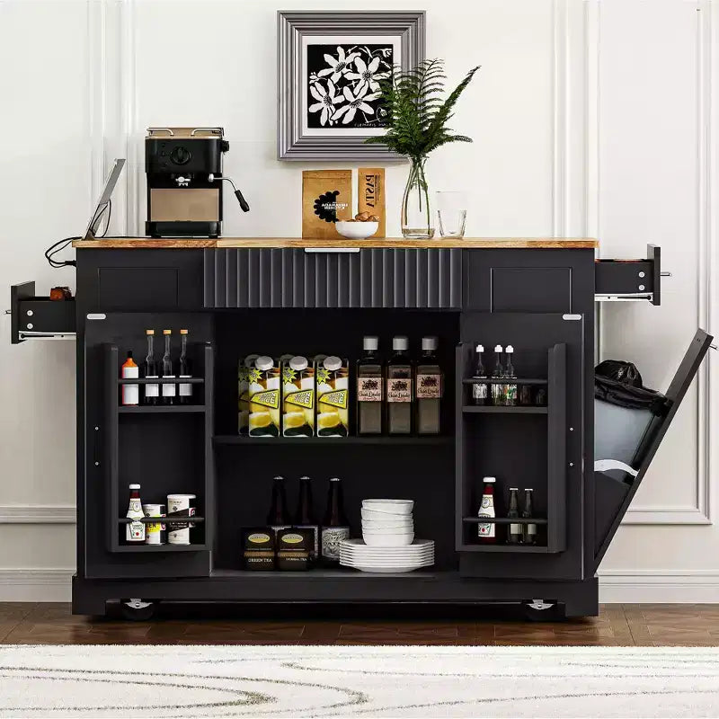 Isola da Cucina con Mobiletto Contenitore per la Spazzatura e Ruote