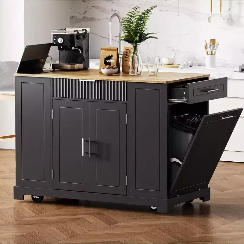 Isola da Cucina con Mobiletto Contenitore per la Spazzatura e Ruote
