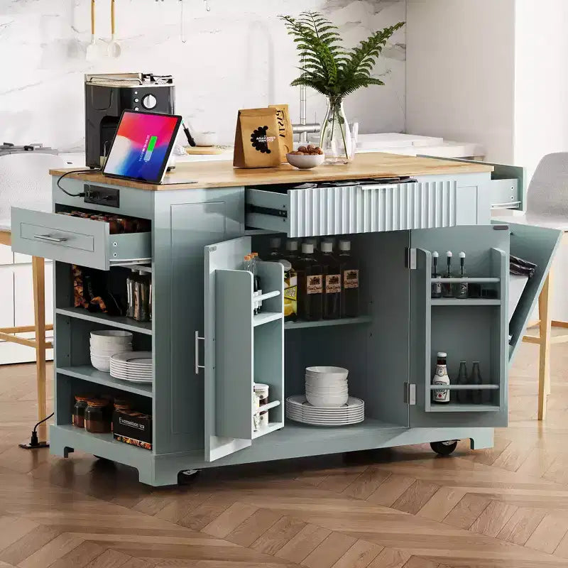 Isola da Cucina con Mobiletto Contenitore per la Spazzatura e Ruote