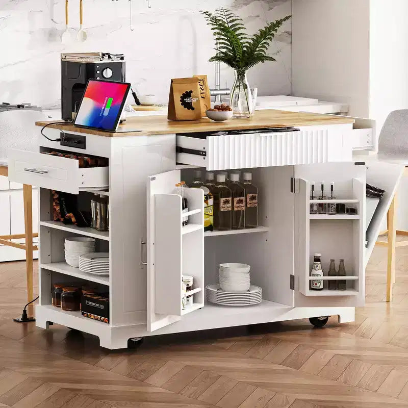 Isola da Cucina con Mobiletto Contenitore per la Spazzatura e Ruote