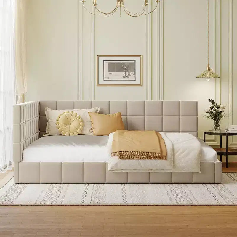 Divano letto in velluto a grandezza naturale con schienale e braccioli