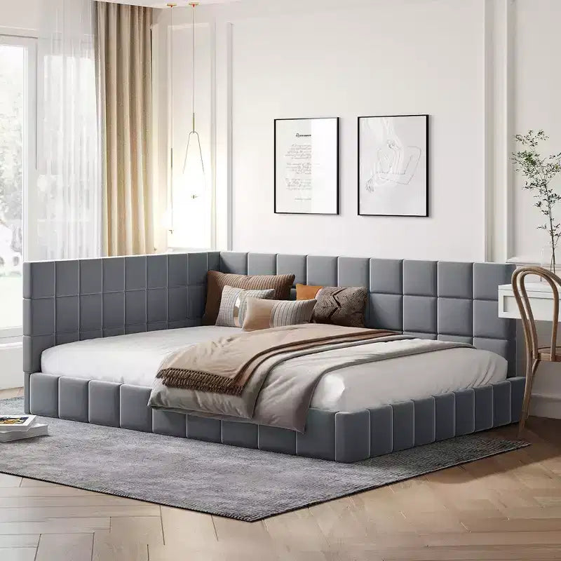 Divano letto in velluto a grandezza naturale con schienale e braccioli