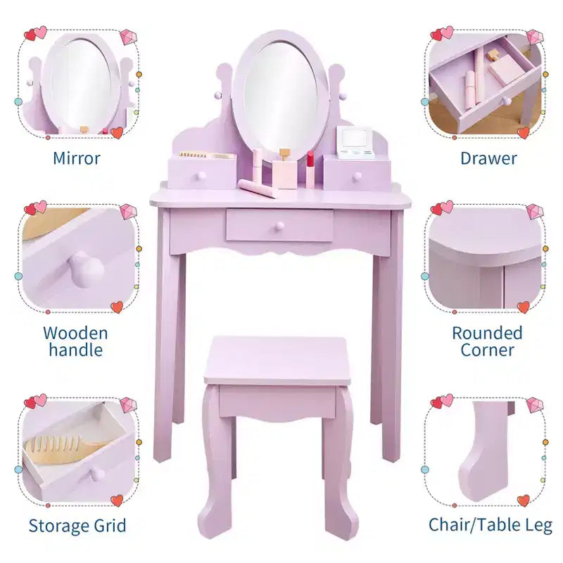 Set da toeletta per bambini con specchio e sgabello