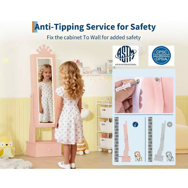 Armadio portagioie autoportante per bambini con specchio a figura intera e cassetti portaoggetti