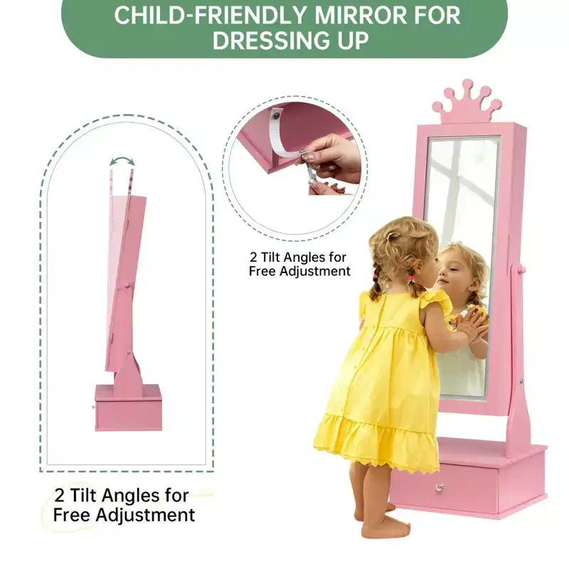 Armadio portagioie autoportante per bambini con specchio a figura intera e cassetti portaoggetti