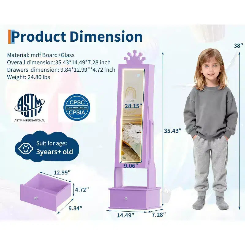 Armadio portagioie autoportante per bambini con specchio a figura intera e cassetti portaoggetti